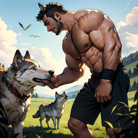 30 years old, The male, Fully naked, stubbles, Huge muscles, Mature man, Muscle swelling, Bodybuilding, chest muscles, Abs, Natural light, Wheat-colored skin, 1人, Wolverine, Naked, werecreature, Predators and prey, Hunting, Run an empty field, Side view, W...