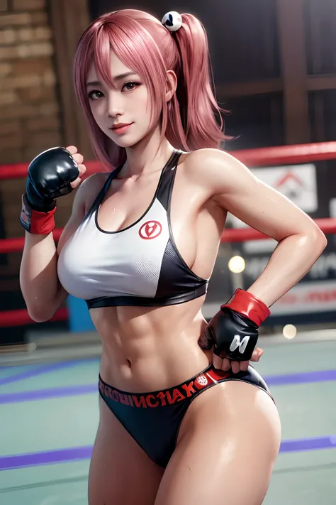 Honoka, MMA , abs:1.3, muscles:0.9, school gym, (exhausted and happy from fighting ten men in a row and beating them all:0.9), MMA octagon, (seductive look:1.4), , MMA gloves, (sweaty:1.1), slim yet fit, super sexy, fully, nude