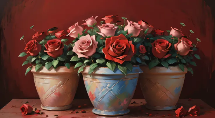 thick impasto painting of Red Roses in the flower pot, ((rough pastel stroke, palet knight effect))), hyper HD,in a panoramic view, detailed brush stroke.