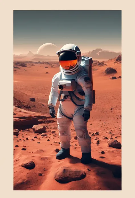 (best quality,4k,8k,highres,masterpiece:1.2),ultra-detailed,(realistic,photorealistic,photo-realistic:1.37),landscape,astronaut,astronauts helmet,red and rocky terrain,orange Martian sky,crimson sunset,cratered landscape,curved horizon,distant mountains,du...