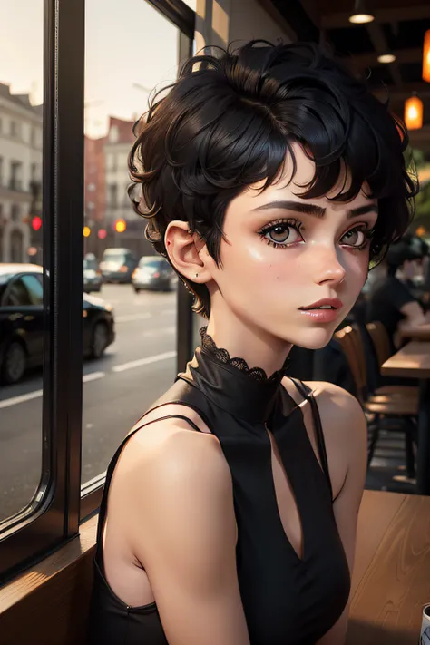 there is a woman with a black top and a black tie, short brown hair and large eyes, androgynous face, with short hair, curly pixie hair, curly pixie cut hair, headshot of young female furry, halfbody headshot, black hair and large eyes, around 1 9 years ol...