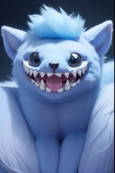 Blue Little Animal, Snake Eyes, vertical pupils, Big mane, fluffy mane, on six spider legs, fluffy short tail and huge smiling mouth ,elongatedears, sharp teeth, Large fangs,