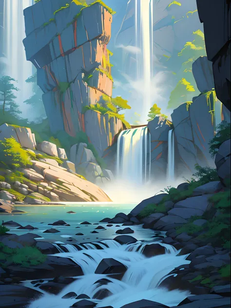 a rocky terrain with a waterfall in the background, the scene is filled with intense energy and determination, Artwork, digital painting with vivid colors and dynamic lines