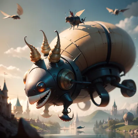 Fantasy world of Jheronimus Bosch with flying friendly huge mechanical snails. Flying over the lake. All the characters are wonderful and funny Cartoon Disney Pixar. Super realistic. Cinematic. Motion blurred background. Light haze --auto --s2