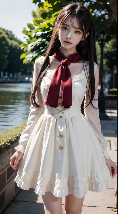 (to the firmware), 1womanl, 24 years of age, 7headed body, (Cute face), (Ideal body proportions), Modern old town view, ((Lolita costume)), (((Red muffler))), Wet, white skinned, slenderness, Dark hair, Long hair, beautifullegs, Small buttocks, Skinny legs...