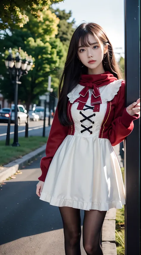 (to the firmware), 1womanl, 24 years of age, 7headed body, (Cute face), (Ideal body proportions), Modern old town view, ((Lolita costume)), (((Red muffler))), Wet, white skinned, slenderness, Dark hair, Long hair, beautifullegs, Small buttocks, Skinny legs...