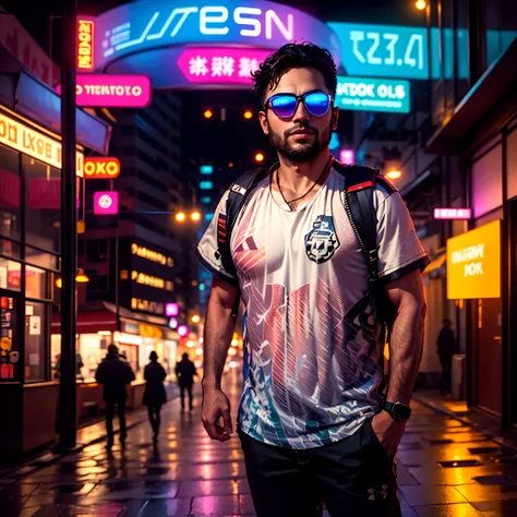 Masterpiece, handsome boy, (cyberpunk city at night background), partially, cyberpunk aesthetic, (skin texture:1.1), best quality, ultra high res, (photorealistic: 1.4), Raw photo, by Ellen von Unwerth, Nikon D850 Film Stock Photography, F1.6 Lens, Rich Co...