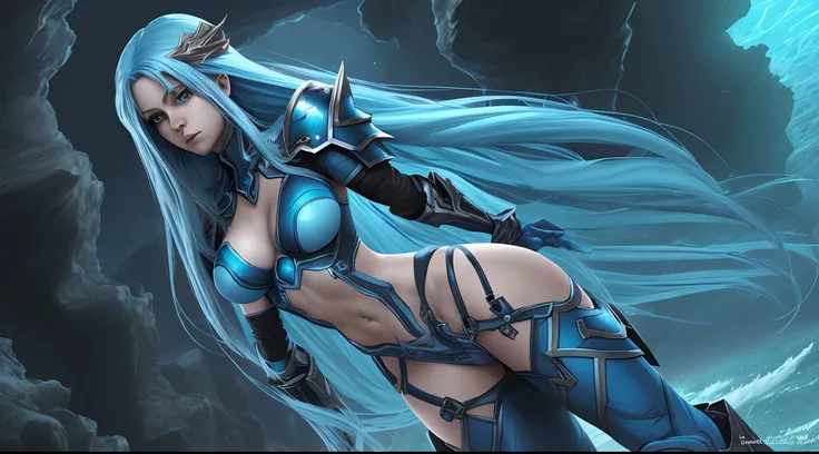 fathom comic character style, 1 girl, long blue hair, deep sea, pretty girl, small boobs, sensual war armor