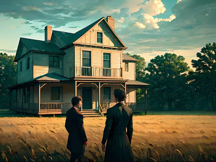 arafed backview of a man standing on a porch looking out at a field, terrence malick screenshots, terrence malick, cinematography roger deakins, the most beautiful scene, stunning moody cinematography, zack snyder cinematography style, opening scene, beaut...