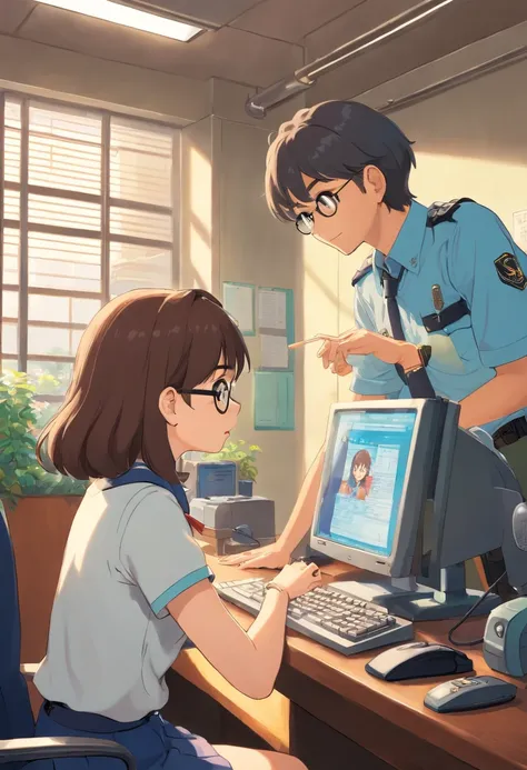 A beautiful girl talks to a young man at the police station; Girls wear glasses and do not wear uniforms; The man used a computer to record; Japan manga seal;