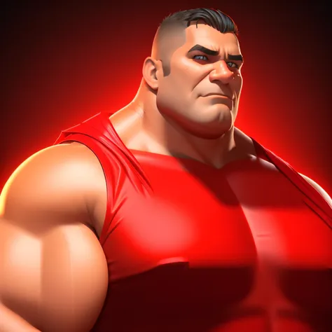 mr. incredible, strong man in red hero uniform, right in the center of the chest with a black circle and the character "i" em am...