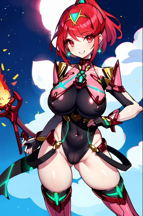 pyra (xenoblade), teen_1girl, loli, bangs, black gloves, breasts, red eyes, shout, earrings, eyelashes, fingerless gloves, floating hair, , gem, gloves, hair ornament, headpiece, jewelry, big_breasts, leaning back, swimsuit, neon trim, official art, pose, ...