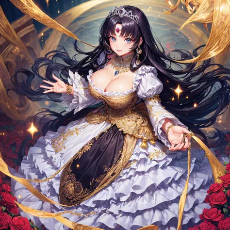 (masterpiece, best quality,extremely detailed,moe anime art style:1.1),1girl, ((solo)), cute, kawaii,digital art,((1 bling-bling anime princess wearing beautiful embroidery and jeweled ruffled gorgeous princess ballgown with voluminous full length hoop ski...