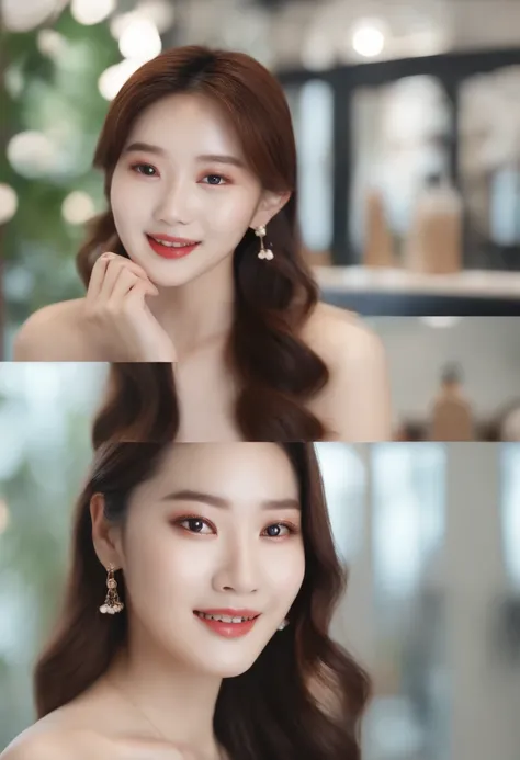 Beautiful realistic asian girl, Women undergoing skin care,  A cheerful and satisfied look, The name of the skin shop is AVA K-BEAUTY, The name is on the upper Oron side.