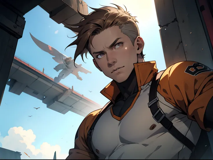 pale man, male, gray eyes, sunlight, brown hair, jock Outfit, pretty, highly detailed, cinematic, epic, anime style