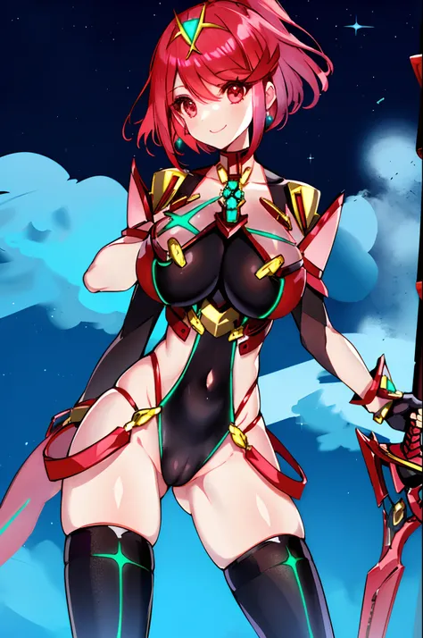 pyra (xenoblade), teen_1girl, loli, bangs, black gloves, breasts, red eyes, shout, earrings, eyelashes, fingerless gloves, floating hair, , gem, gloves, hair ornament, headpiece, jewelry, big_breasts, leaning back, swimsuit, neon trim, official art, pose, ...