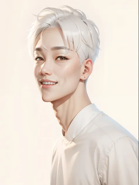 Korean cute boy,white hair, brown eyes, white t-shirts,smile,eye smile, realistic