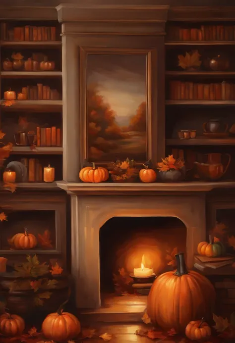 An oil painting of a cozy scene of a fireplace, a bookshelf, and a cup of hot chocolate, with a few fall leaves and one or two pumpkins on the mantel and the floor.