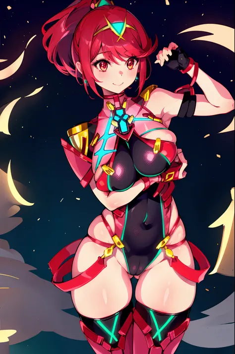 pyra (xenoblade), teen_1girl, loli, bangs, black gloves, breasts, red eyes, shout, earrings, eyelashes, fingerless gloves, floating hair, , gem, gloves, hair ornament, headpiece, jewelry, big_breasts, leaning back, swimsuit, neon trim, official art, pose, ...