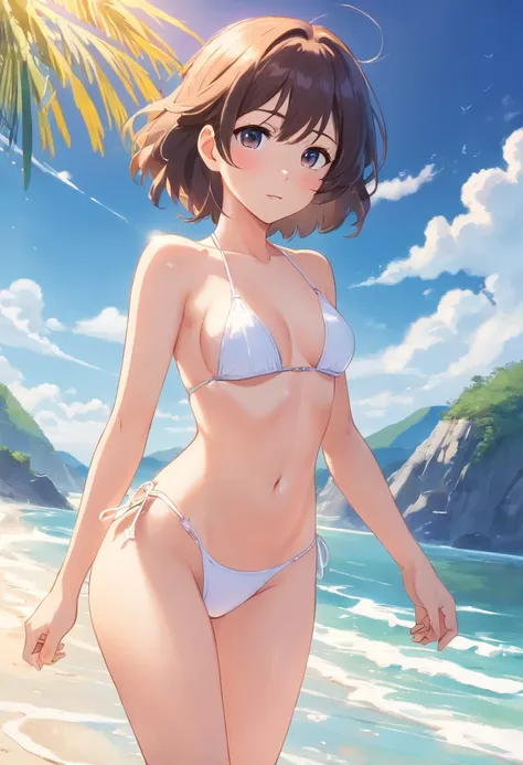 Transparent pure white micro bikini、Tiny micro bikini、Showing female genitalia、Exposing female genitalia、legs wide open、Thighs wide open、Crotch wide open、Nasty poses、Sexual expression、Nasty look、Beautiful breasts、the beach