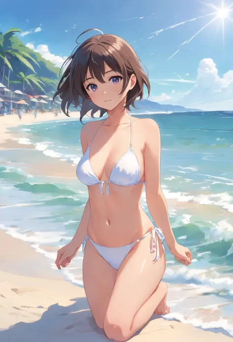 Transparent pure white micro bikini、Tiny micro bikini、Showing female genitalia、Exposing female genitalia、legs wide open、Thighs wide open、Crotch wide open、Nasty poses、Sexual expression、Nasty look、Beautiful breasts、the beach