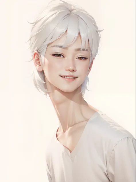 Korean cute boy,white hair, brown eyes, white t-shirts,smile,eye smile, realistic