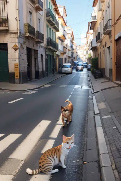 Gatos de rua atravessando a faixa de pedestre