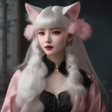 Girl with pink ears, Cats tail, Long silver hair, Bell Collar, de pele branca，Expose ，Oh hey Yang