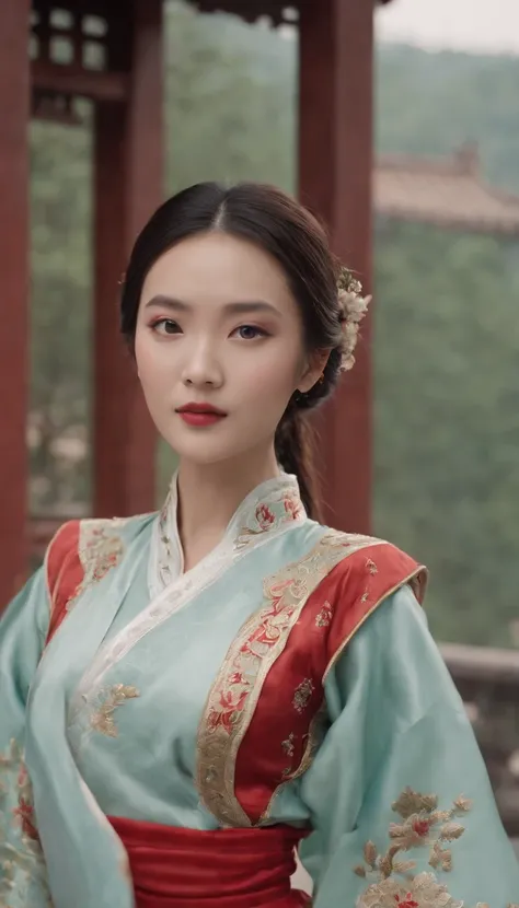 1womanl, 24 years of age，Chinese beauty，Focus above the thighs，Star-like beauty，Chinese costumes，Chinese ancient court architecture，Chinese elements，