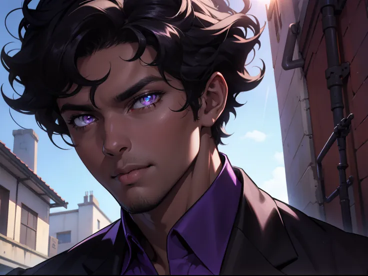 dark skin man, male, glowing purple eyes, full lips, sunlight, curly black hair, preppy Outfit, pretty, highly detailed, cinematic, epic, anime style