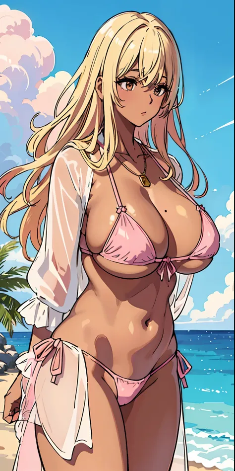 (top-quality、​masterpiece)、1girl in、(((a blond)))、A stunning、(((teats)))、(((Brown skin tone)))、sun burn、(((Colossal tits)))、large full breasts、Sheer areol、Sheer clothes、(((Pink Bikinil Looks)))、Show underwear、I can see my chest a little、a necklace