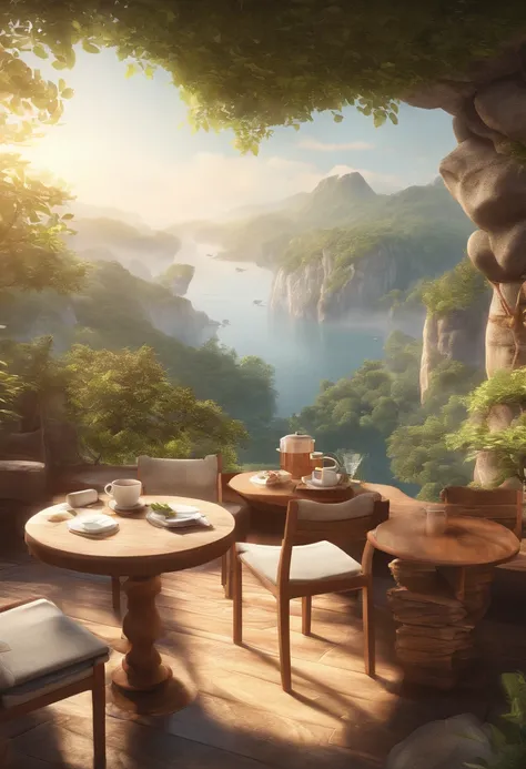 A café on top of a Rock,(best quality,4k,8k,highres,masterpiece:1.2),ultra-detailed,(realistic,photorealistic,photo-realistic:1.37),vivid colors,landscape,sharp focus,studio lighting,crystal clear waters,natural scenery,secluded location,serene atmosphere,...