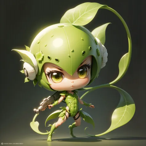 chibi, full-body, white background, alien botanist, photosynthetic skin, flora-based weaponry, vine-like appendages