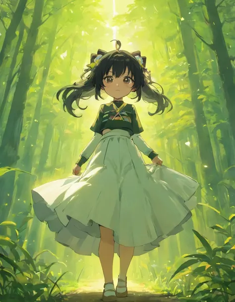 ln the forest，Kizi，Black hair，a white long skirt，Back Shadow，rays of sunshine，Take the flowers，Yellow flowers，Kitten on the right，Skinny kittens