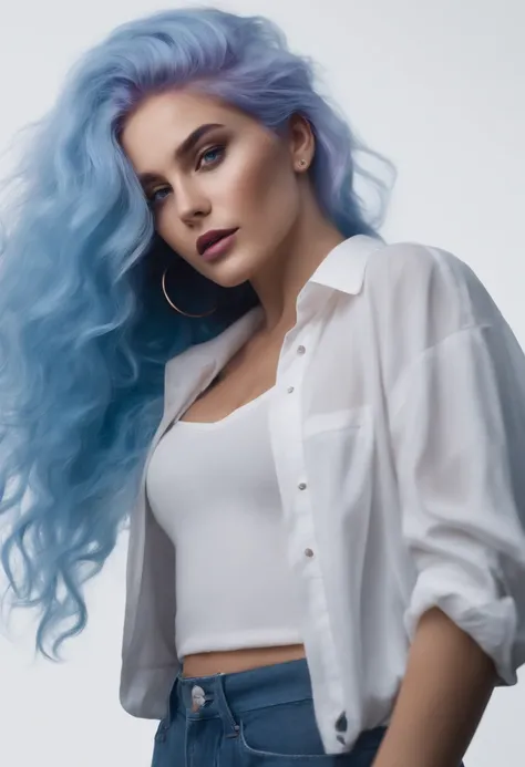 girl with medium sized light blue hair reaching her shoulders, having purple eyes and having a headband running through her hair wearing denim pants and a white shirt.