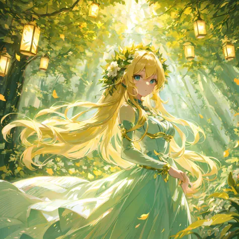 Anime girl in lanterns and white dress in the forest, blonde anime girl with long hair, beautiful anime art, beautiful fantasy anime, Beautiful anime girl, beautiful anime artwork, blonde - haired princess, Anime art wallpaper 8k, Beautiful anime, Cute ani...