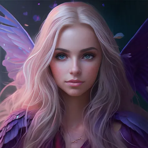 um close up de uma mulher com longos cabelos loiros e asas roxas, estilo de arte de fantasia, arte de fantasia realista, Epic fantasy art style, arte de fantasia hiperrealista, pintura de fantasia realista, realistic fantasy illustration, arte de fantasia ...