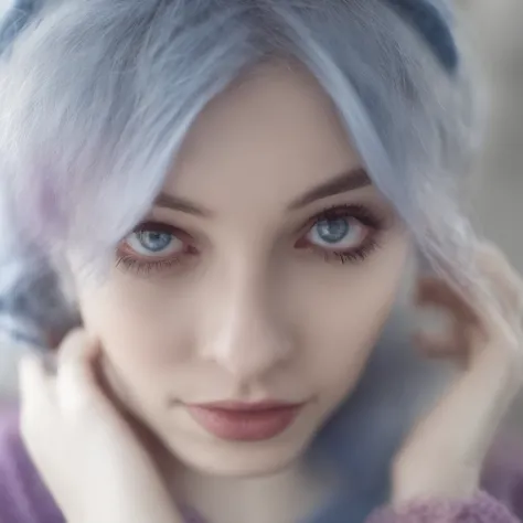 beautiful anime style girl with short sized light blue hair reaching her shoulders, having bright purple eyes and having a headband running through her hair wearing denim pants and a white shirt.