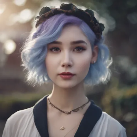 beautiful anime style girl with short sized light blue hair reaching her shoulders, having bright purple eyes and having a headband running through her hair wearing denim pants and a white shirt.