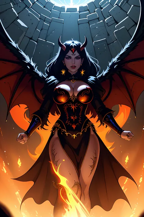 Lisa Ann ultra-detailed: The Empress of Darkness, Background to the destruction of hell, diabolique, insidieux, invincible, couronne sombre, Evil queen, Robe noire et rouge, demon wings dans le dos, Demon horn, Realistic detailed eyes, Shaded illustration ...