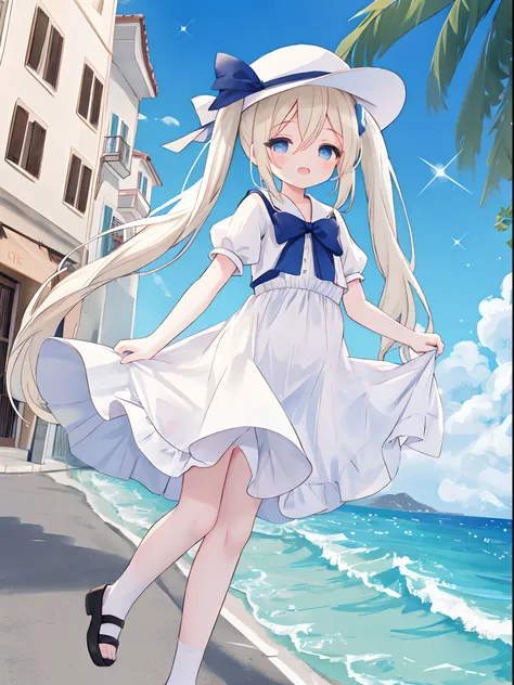 cute little girl standing on the street in mediterranean port city,wind,pale blond hair, blue eyes,very long twintails,white dre...