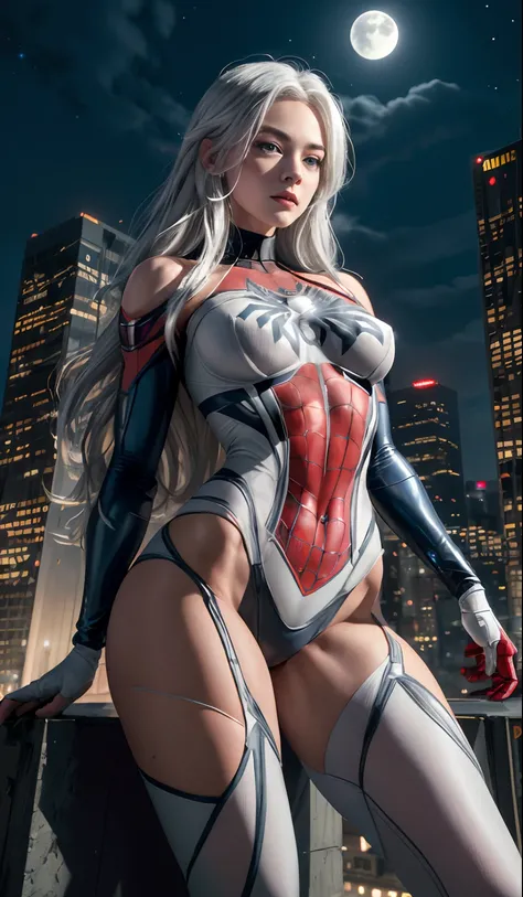 (Masterpiece, 4k resolution, ultra-realistic, very detailed), (White superhero theme, charismatic, theres a girl on top of town, wearing Spider-Man costume, shes a superhero), [ ((25 years), (long white hair:1.2), full body, (blue eyes:1.2), ((Spider-Man p...