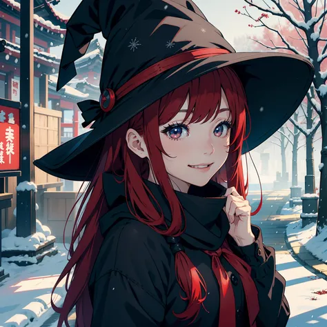 Girl, red hair hairstyles, witch hat, black hat, wearing Japanese schoolgirl Japanese clothes, blue scarf, 4k, in a Tokyo winter, smiling,