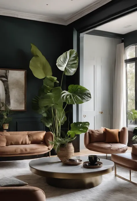 In a wide living room，Combing、The coffee table is minimalist style，In the middle is a large pot of white monstera