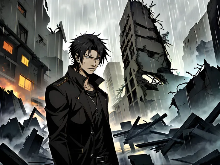 An anime man in a black coat stands in the ruins in the rain, Black Eyes Anime Handsome, Anime portrait of a handsome man, anime concept hdr anime macmanus, Key anime art, male anime character,