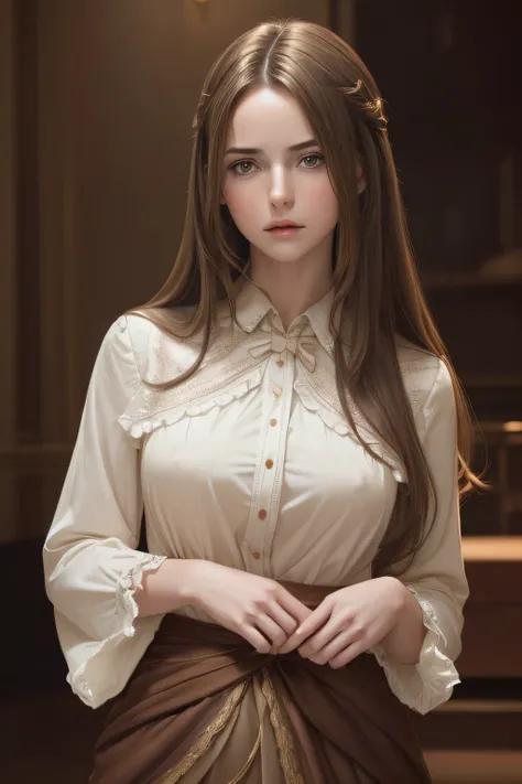 (1girl:1.3), cinematic light, (masterpiece, top quality, best quality, official art, beautiful and aesthetic:1.3), extreme detailed,highest detailed,(ultra-detailed),((an extremely delicate and beautiful)), 
 breasts, silky long hair, (brown hair), 
shirt ...