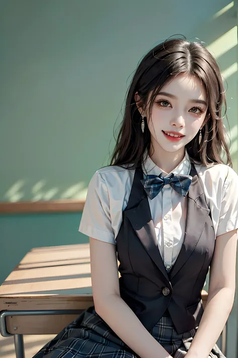 ((full body)), ((Random shooting angle)), ((looking toward the viewer)) ((realistic)), 1girll, Asian model, slim, ((In black suit, neck bowtie, White pleated skirt)), Campus style, (‎Classroom, Sit Pose, sittinng on the desk), (warm lights, a warm color pa...