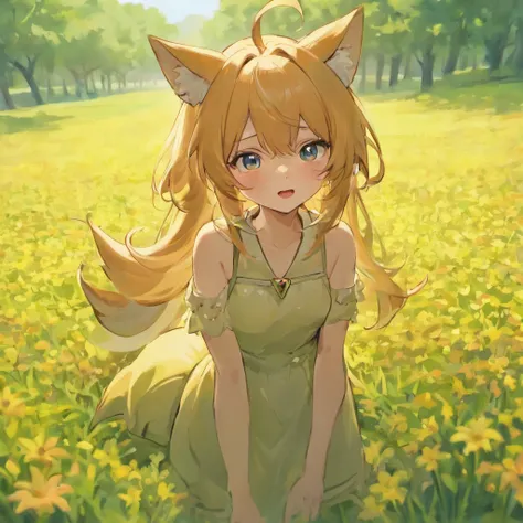 coyote，flower  field，full bodyesbian，Open-mouthed，Professional light，Faraway view，depth of fields，8K，wide high angle view，professional photoshooting，rendering by octane，best qualtiy，tmasterpiece，