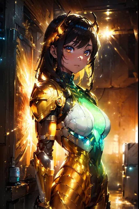 (((jumping))) (((in hyper realistic and detailed golden lines neon-lit sci-fi plugsuit white dragon mech armor, aethereal aesthetic style))) beauty woman brunette with horsetail, intricate perfect beauty face, detailed sharp eyes, detailed face, (((from fa...