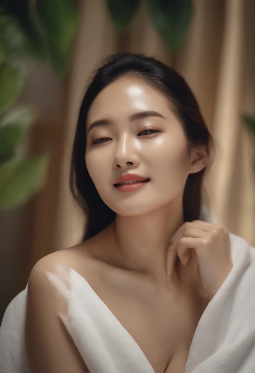 Beautiful realistic korean girl, 40yearsold, Women lying down and getting skin care, Cover up to your chest with a towel, Cheerful and satisfied expression, Beautiful woman with a towel covering the upper body of the body, I wrapped my head in a towel.